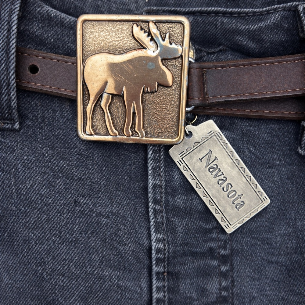Vintage Western Moose Nickel Silver Belt Canoe Moon Icons Size M)